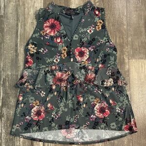 White House Black Market Floral Ruffle Blouse - Green and Pink